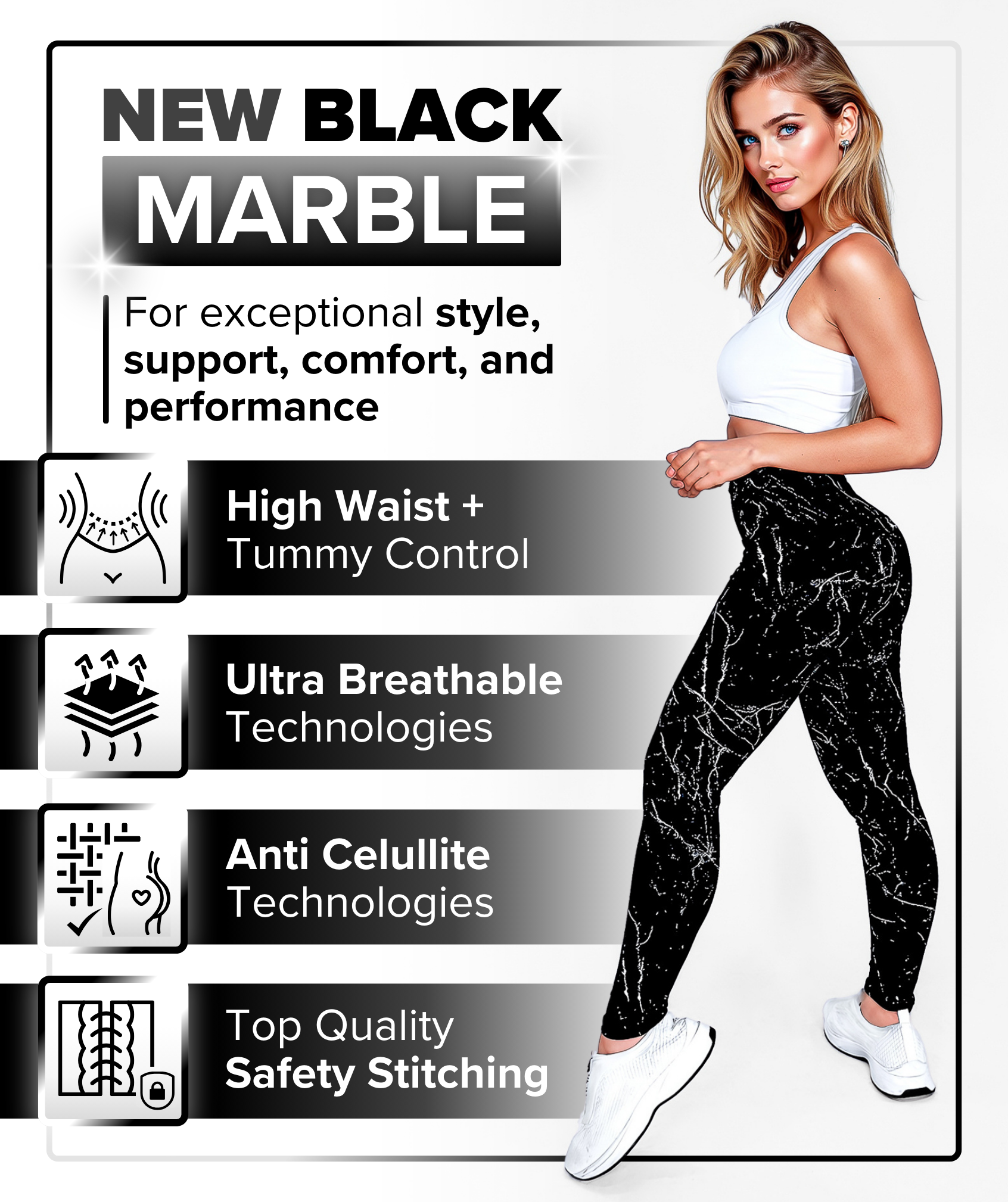 Black Marble | Premium High-Waist Legging with Tummy Control & Anti-Cellulite Technology